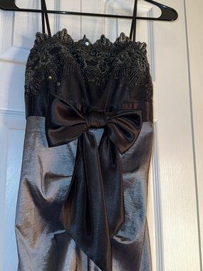Black and Gray Strapless Beaded Bodice Dress with Satin Bow